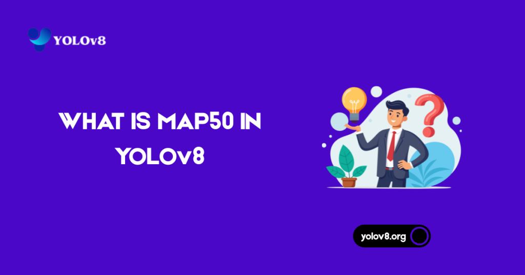Visualization explaining mAP50 metric in YOLOv8, showing how object detection accuracy is measured using 50% IoU threshold